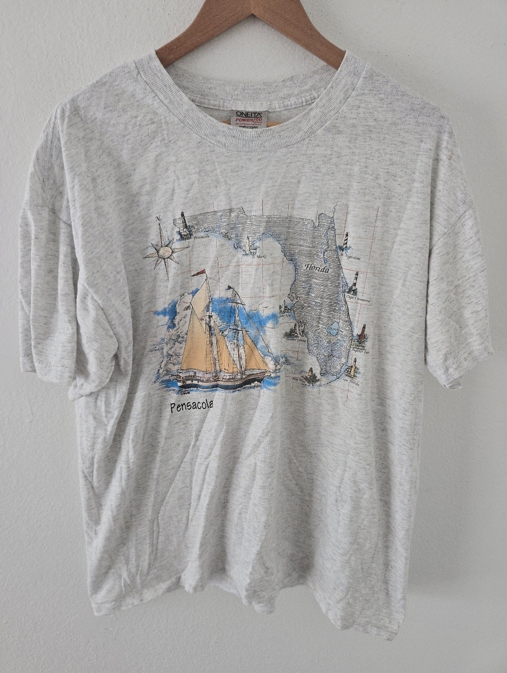 Vintage Pensacola Florida Sailboat Map Beaches Oneita Mens XL Compass Gray